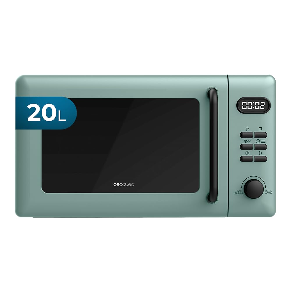Cecotec Microondas Digital con Grill de 20L Proclean 5110 Green. 700W en 6 Niveles y Grilll de 800W, Modo Descongelación, Señal Fin de Cocción, Lámpara Interior, Temporizador 30mins, Diseño en Verde