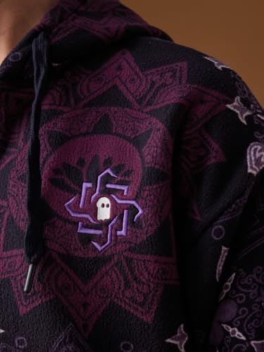 Image of The Souled Store Oversized Jacket: Mandala Men and Boys Full Sleeves Hooded Neck Dark Purple Embroidered Ethnic Print Polar Fleece Oversized Fit Lightweight Casual Jacket