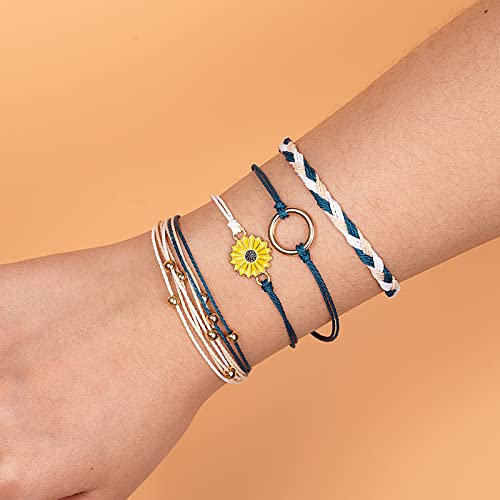 Image of Stackable Sunflower String Bracelets Cute Boho Braided Summer Beach Jewelry