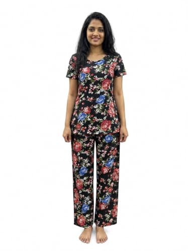 Image of Women's Night Dress | Printed Cotton Night Suit | Pyjama Set with Top and Bottom | Sleepwear | Ladies Night Dress | Casual Nightwear with Pocket | T-Shirt and Pant | Co-ord Set