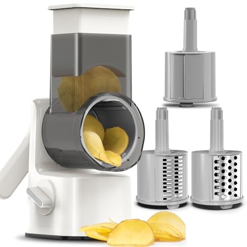 Rotary Cheese Grater Vegetable Shredder with Enlarge Veggie Entrance Easy Clean Round Kitchen Mandoline Slicer Grater for Nuts, Vegetable, Chocolate, Cheese - 3 Stainless Steel Blade Types