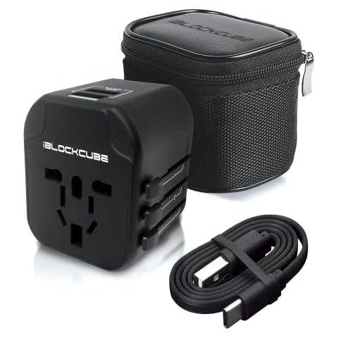 iBlockCube Worldwide Travel Plug Adapter with 2 USB (2.4A) Charging Ports, International Universal AC Socket, Dual Safety Fuse, Chip Protector for US UK EU AU Mobile Phone Tablet Laptop Gadget (Black) Cover