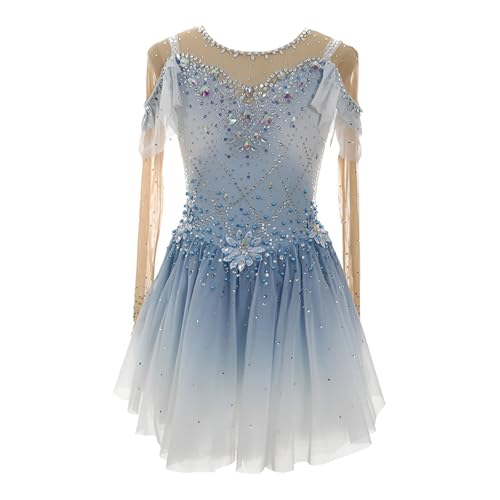 Girls' Figure Skating Dress for Competition, Women's Long Sleeves Handmade Ice Skating Dress, Customizable(Large) Blue