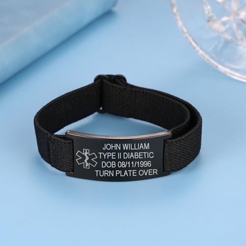 INBLUE Custom Medical Alert ID Bracelets for Men Women Personalized Engraved Text Emergency ID Bracelets Adjustable Nylon & Stainless Steel Wristband for Elderly Epilepsy Diabetic2