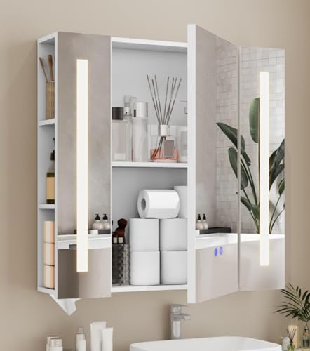 YOURLITE Bathroom Medicine Cabinet Mirror with Storage Wall Mounted Bathroom Mirror Cabinet with LED Lights Anti-Fog 3 Lighting Modes Adjustable Brightness Adjustable Shelves