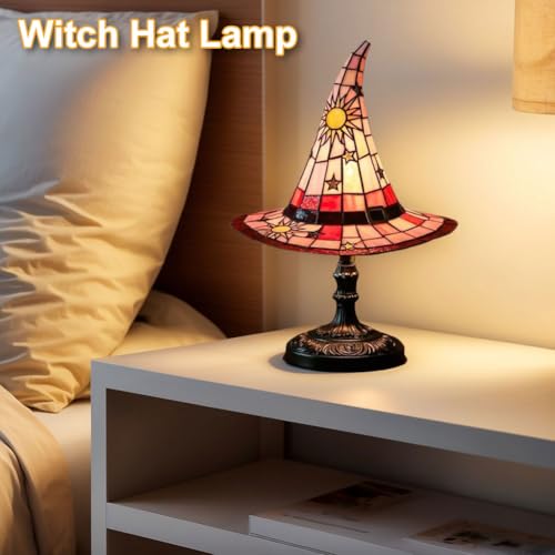 Image of Witch Hat Lamps, Handcrafted Stained Glass Resin Wizard Hat Light Gothic Table Lamp for Halloween Decor, Spooky Night Light for Bedroom and Indoor Parties, Unique Wiccan Gift