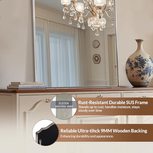 Image of ANDY STAR 30 x 40 Inch Arched Mirror, Brushed Nickle Bathroom Mirror in Stainless Steel Metal Frame, Arch Top Rounded Corner 1 Inch Deep Set Design Wall Mount Hangs Vertical