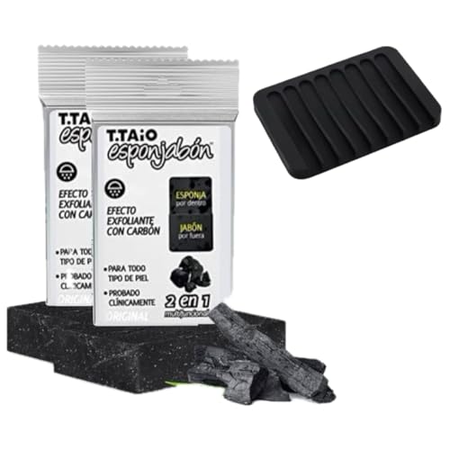 M & X PRODUCTS T.Taio Esponjabon Charcoal Soap Sponge 2-Pack Plus Soap Tray (Black, Modern Style, Synthetic Material, Solid Form)