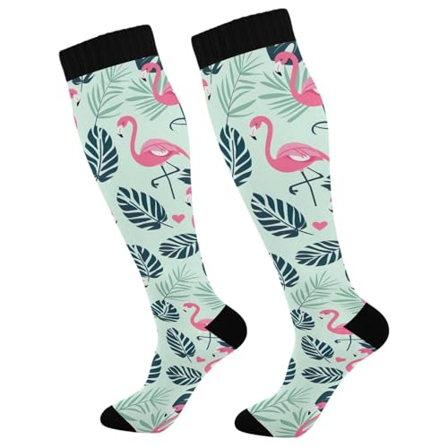 GakkiGii Flamingo & Leaf Compression Socks for Women & Men – Knee High Support for Running, Nurses, Travel, Workout – 1 Pair