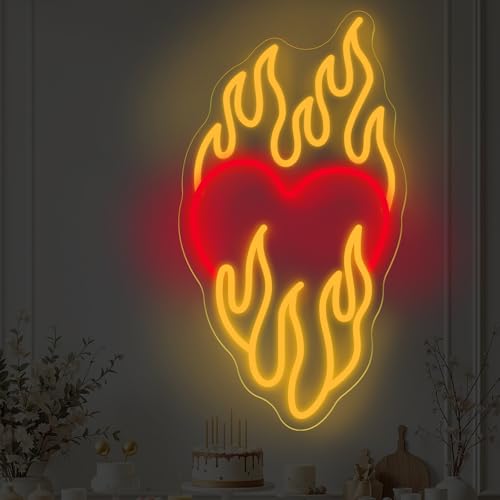 Image of Heart With Fire Neon Sign, Love Neon Light, Party Sign, Burning Heart Neon, Valentines Day Gift Home Wall Decor Room Decoration, 16.1 inchx8.6 inch