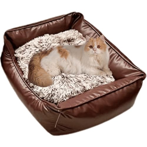ペットソファベッド ヴィンテージ キャットドッグ フェイクレザーソファ 滑り止め底 犬猫用 ふかふかクッション付き (ミディアム)