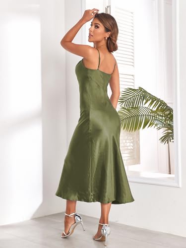Image of Women's Spaghetti Strap Midi Satin Silk Dresses Slip Cowl Neck Party Cocktail Evening Sexy Dress