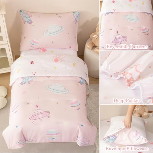Image of PERFEMET 4 Piece Toddler Girl Bedding Set Space Theme Pink Toddler Bed Set with Sheets Soft Reversible Astronaut Planets Crib Bed Comforter for Kids Girls