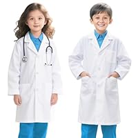 FAHAKO Laborkittel Kinder Baumwolle Arztkittel Kinder Wissenschaftler Kittel für Junge Mädchen, Weiß Arzt Kostüm Doctor Labormantel Langarm Medizin Chemie Kittel für Schüler Studium Malen Karneval, M
