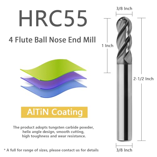 Image of 5PCS 3 /8 inch Ball Nose Carbide End Mill 4Flutes Carbide Milling Cutter HRC55 CNC Router Bits with AlTiN Coated for Alloy Steel