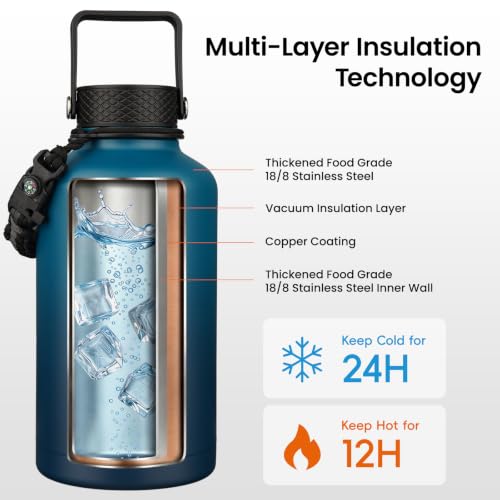 Image of Konokyo Half Gallon Insulated Water Bottle with Straw,64 oz 3 Lids Water Jug with Carrying Bag,Paracord Handle,Double Wall Vacuum Stainless Steel Metal Flask,Indigo Black