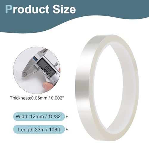 Image of HARFINGTON 4 Rolls High Temperature Masking Tape 15 /32 inch x108ft(12mmx33m) 0.05mm Thick PET Film Silicone Adhesive Heat Resistant Tapes for Heat Press Anodizing Circuit Board, Transparent