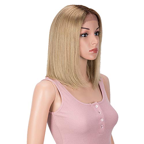NOBLE Human Hair BOB Wigs 12 inch Middle Part HD Lace Front Wigs with Baby Hair Pre Plucked Short Human Hair Wigs for Black Women (Blonde with Brown Root Color)