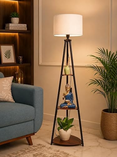 Tripod Floor Lamp with Shelves, Fabric Shade, Wooden Storage Shelves, Modern Standing Corner Light for Living Room, Bedroom, Office-image-36