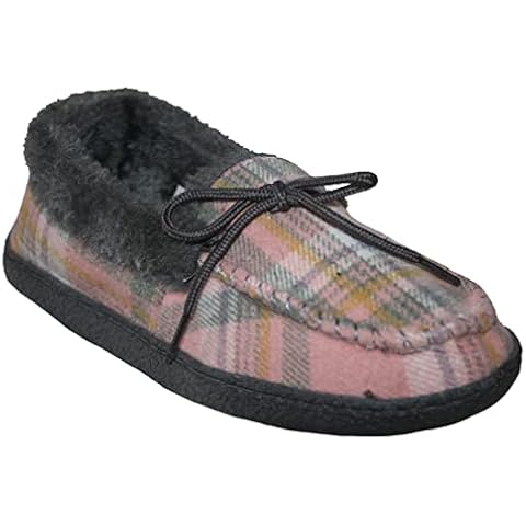 Ladies Pembroke Tartan Faux Fur Lined Moccasin Carpet Bedroom Slippers Shoes Size 3-8 (Pink, 5 UK, numeric_5) Cover