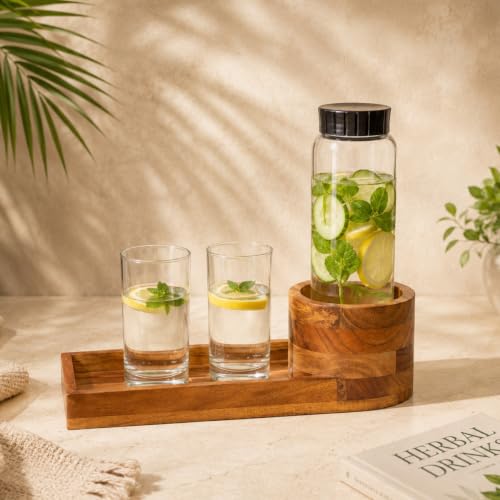 Image of Thirstray Acacia Wood Water Bottle Holder Tray | Brown Bedside Bottle & Glass Organizer | Handcrafted Wooden Drink Holder | 14 x 5 x 4 Inches | for Bedroom, Guest Room, Hotel & Office