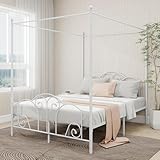 alazyhome Metal Canopy Bed Frame Queen Size, Four-Poster Platform Bed with Headboard and Footboard, Noise-Free Heavy Duty Steel Slats, Easy Assembly, No Box Spring Needed, White