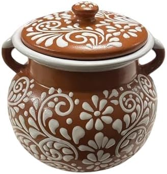Handmade Clay Bean Pot 9x9 Inch Mexican Barro Stew cazuelas, Talavera Style Cooking & Serving Brown