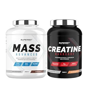 Superset Nutrition – Geavanceerd Gewichtstoename Programma – Mass Advanced 2,5kg Chocolat – Créatine Hardcore 1,5 kg Ice Tea Pêche