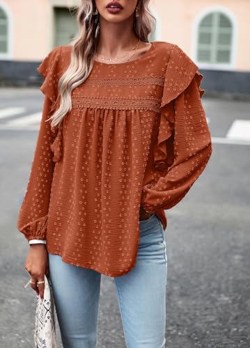 PRETTYGARDEN Women's Long Sleeve Blouses Ruffle Swiss Dot Crochet Loose Fit Tunic Dressy Casual Tops Shirts Fall Fashion 20253
