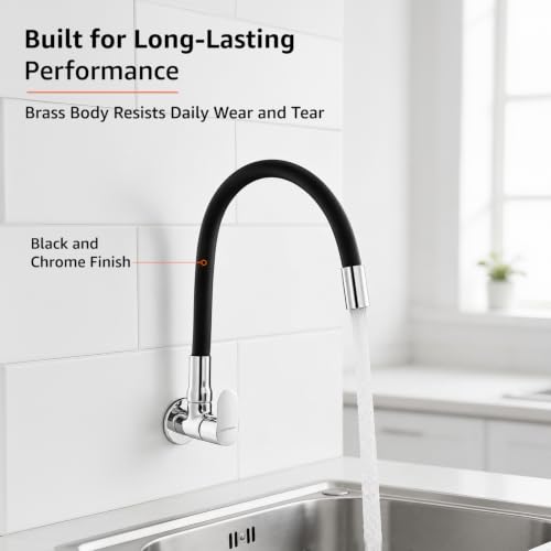 Image of Amazon Basics Flexible Spout Kitchen Faucet | Cold-Only Single Lever Sink Tap with 360 Degree Swivel and Bendable Spout | Kitchen Use | Black and Chrome