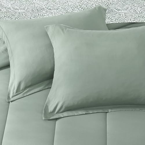 Image of Monbix Queen Comforter Set - 7 Pieces Sage Green Bed in a Bag Queen Track Stitching Bedding Sets, All Seasons Comforter Bed Set with Sheets, Pillowcases & Shams