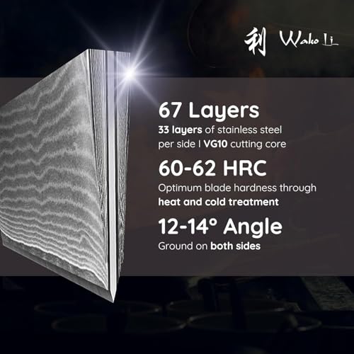 Wakoli EDIB 5-Piece Professional Damascus Kitchen Knife Set – Made from 67 Layers of Genuine Damascus Steel with VG-10 Core | Chef’s Knife Set with Ergonomic Pakkawood Handles in a Wooden Box - Image 4