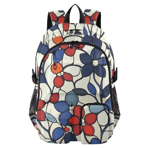 Mochila de viaje grande de 17.5 pulgadas con estampado de flores abstractas rojas y azules