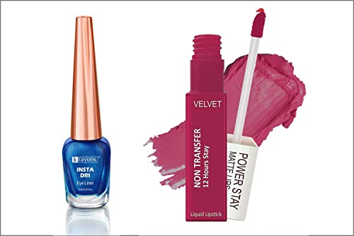 Image of Krayons Insta Dri Sparkling Eyeliner, Blue, 7ml And Power Stay Nontransfer 12hrs Stay Matte Liquid Lipstick, Pink Glam, 4ml