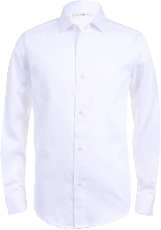 Calvin Klein Camisa de vestir de satén de manga larga para niño, estilo abotonado con puños abotonados y dobladillo de cola de camisa
