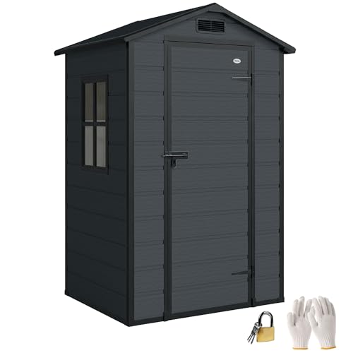 Outsunny Caseta de Jardín Exterior 1,09 m², 128x104x196 cm, Cobertizo de Jardín Exterior de Plástico con Suelo, Puerta con Cerradura, Ventana y Ventilación para Almacenaje de Herramientas, Gris Oscuro