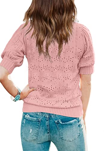 Klousilover Girls Blouse Tops Fall Casual Puff Sleeve Crew Neck Sweaters Solid Hollow Out Knit Pullover Jumper Tops A-Pink #TOP1