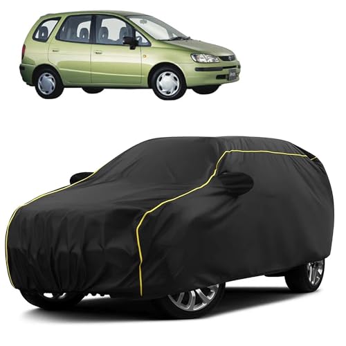 Image of Sulfar 100% Water Resistant Car Body Cover Compatible with Mirror for Toyota Spacio (Triple Stitched, Full Bottom Elastic, Black Taffeta with Yellow Piping)