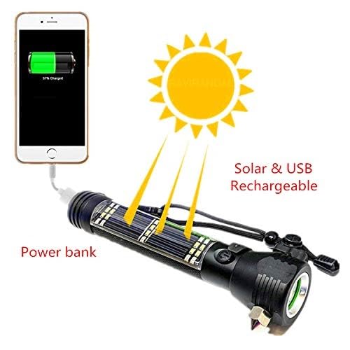 Image of Aluminium 7 Mode Rechargeable Solar Led Torch Flashlight Use for Car Emergency Power Bank, Car Emergency Tool with Window Breaker, Magnet, Cutter, Compass with Hammer
