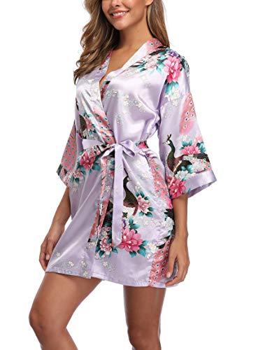 Sueshop Women's Floral Satin Robe Short Silk Bridal Robe Printing Peacock Kimono Sleepwear Light Purple