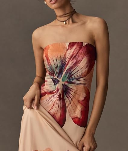 Image of Women Floral Strapless Maxi Dress Y2K Bodycon Tube Long Dresses Sexy Party Formal Cocktail Beach Slit Dress