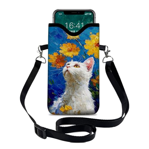 Image of Neoprene Cell Phone Sleeve Pouch Case Bag with Crossbody Strap Neck Lanyard for Women 7.1 X 3.9 in White Cat