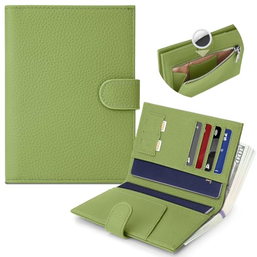 Genuine Leather Passport Holder for Women Men, Hidden Airtag Pocket, RFID Blocking, Zippered Coins Pocket & Cash Compartment Travel Gifts Essentials Passport Cover Case - Green