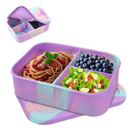 QINGZY Fiambrera de silicona con 3 compartimentos 1200ml, sin BPA, hermética y resistente, apta para microondas y lavavajillas, ideal para escuela, picnic y almuerzo diario