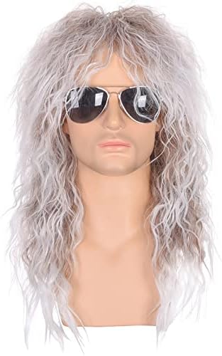 morvally Men’s 80s Style Wigs | Long Curly Silver Gradient Brown Synthetic Hair | Heavy Metal, Glam Rock-Rocker Wig | Perfect for Halloween, Cosplay, DIY Themed Costume Party