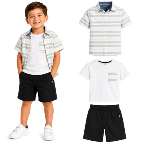 Image of DKNY Boys 3 Piece Button Down Shirt Crewneck Tee and Twill Shorts Set | Woven Button Down, Soft Tee and Matching Shorts, Breezy Lightweight Comfort for Everyday Summer Wear and Play