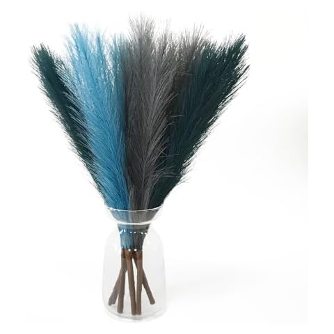 6PCS Small Pampas Grass Dried Flower Artificial Dried Floral Decoration Reed Dried Grass,Eternal Flower Pampas Reed Dried Grass for Home,Wedding,Party,Photo Props Decor (Green&Blue&Gray) Cover
