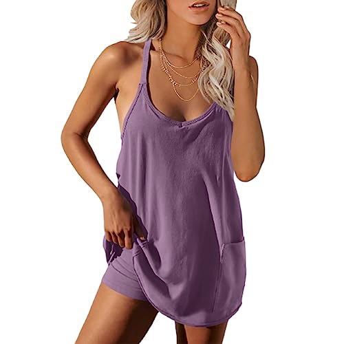 Image of UNIANKIYA Womens Workout Romper Dress with Shorts Underneath Sleeveless Spaghetti Straps Athletic Outfits Casual Vacation