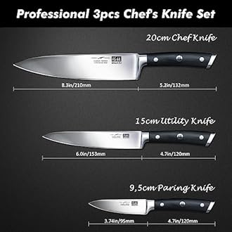 SHAN ZU Kitchen Knives Sets 3pcs with German Stainless Steel Professional Japanese Knives Set, Ultra Sharp Chef Knife Set Including Chef's Knife 20cm Kitchen Knife 15cm Paring Knife 9.5cm