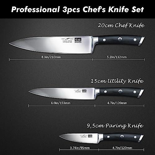SHAN ZU Kitchen Knives Sets 3pcs with German Stainless Steel Professional Japanese Knives Set, Ultra Sharp Chef Knife Set Including Chef's Knife 20cm Kitchen Knife 15cm Paring Knife 9.5cm - Image 4